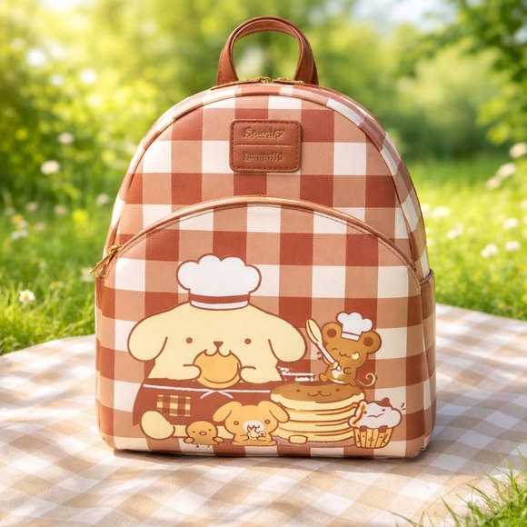 Sanrio Pompompurin Gingham Mini Backpack - Brown & White with Pancake Graphic - Picture 2 of 8